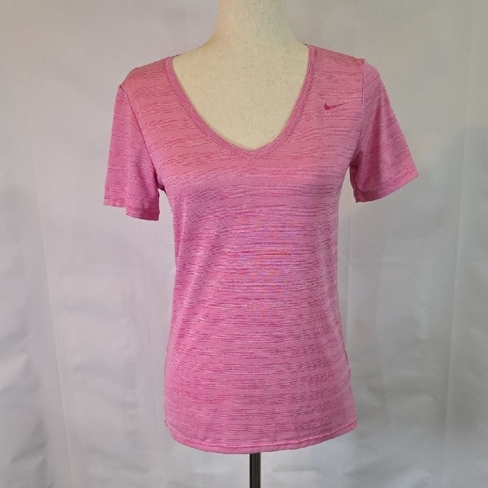 Nike T-Shirt Women Small Pink Excellent Dri-FIT V-Neck Space Dye Athletic Cut